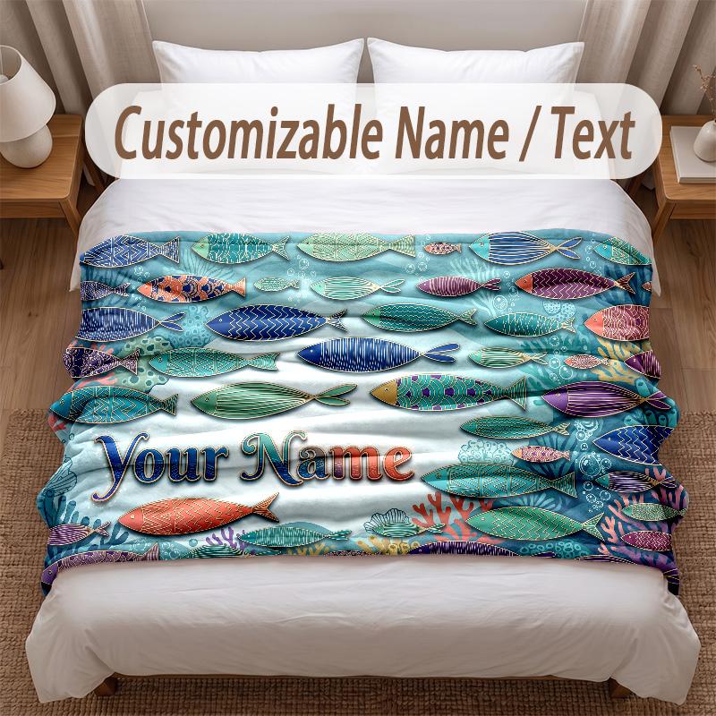 Fish Ocean Theme Soft Blanket Personalized Custom Name Text Print Warm Blanket Home Sofa Bedroom Decor