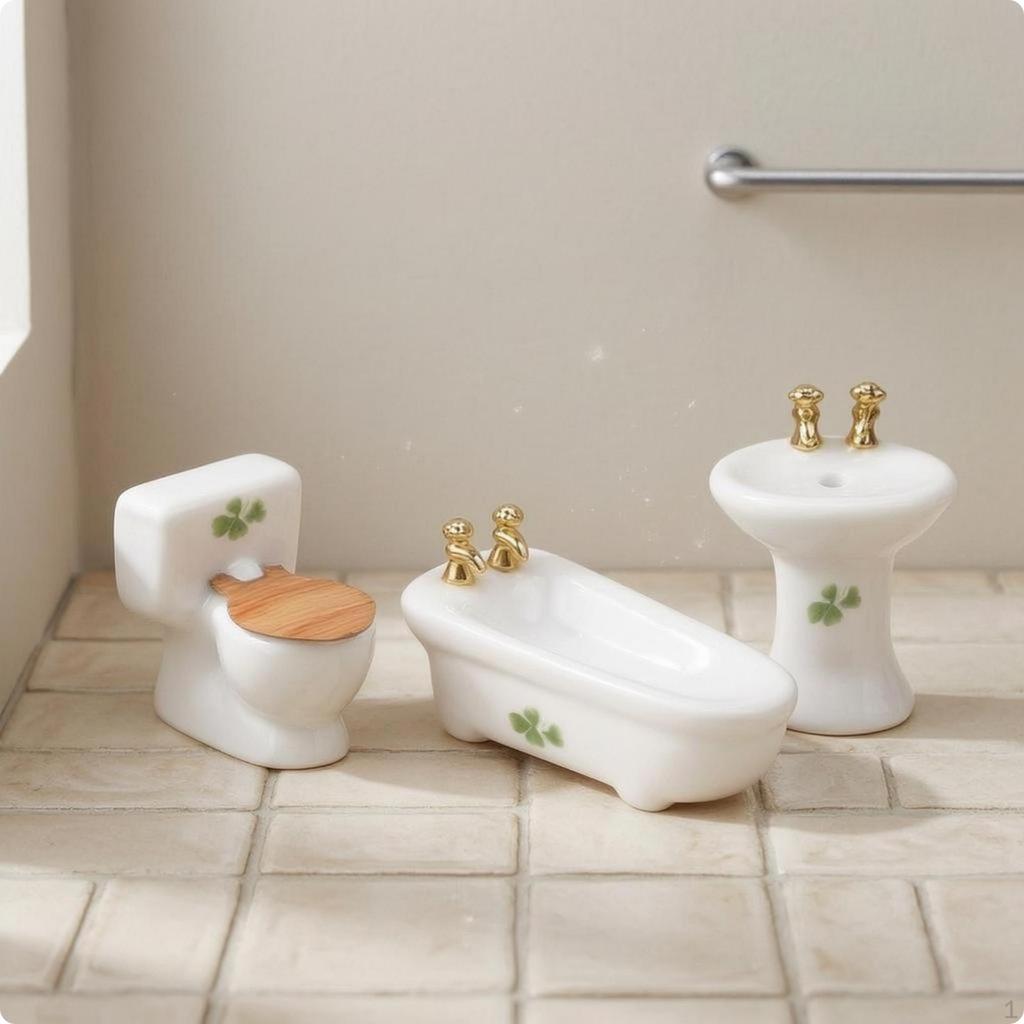 3 Pieces Dollhouse Toilet Sink Tub Set Glossy Finish Mini Washroom Accessories Detail Miniature