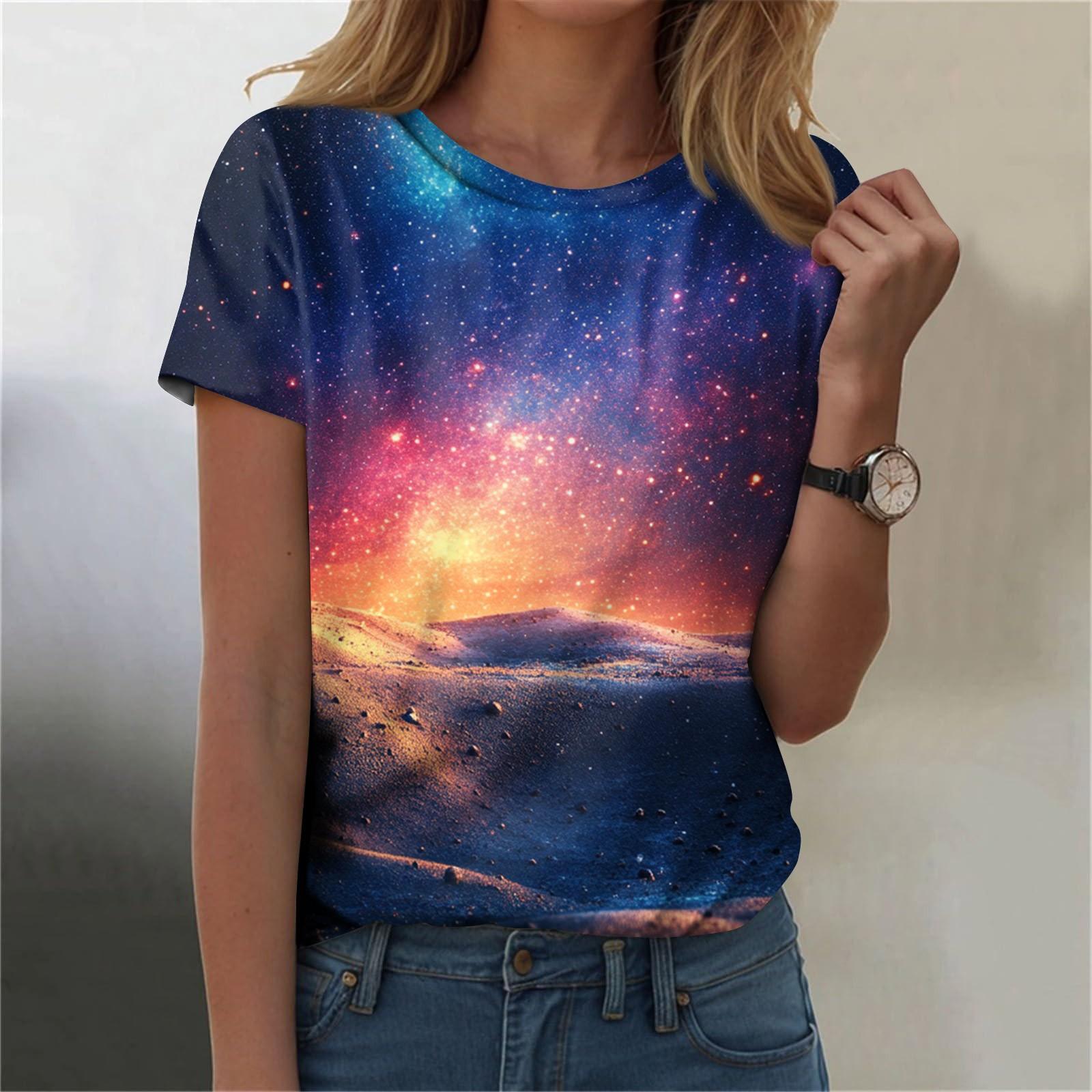 

Женская мода Sky Print модная универсальная облегающая футболка с коротким рукавом XXXL небесно-голубой