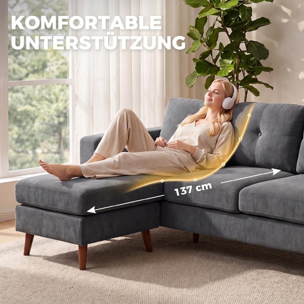 Corner Sofa 192 Cm L-Shaped 3-Seater Sofa with Reversible Chaise Longue, Corduroy Look, for Small Rooms, Dark Grey