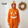 Funny Cosplay Romper Halloween Pumpkin Onesie Pajamas, Adult Jumpsuit with Happy Plush Fleece Homewear Face, Soft Hooded Costume for Party Night,