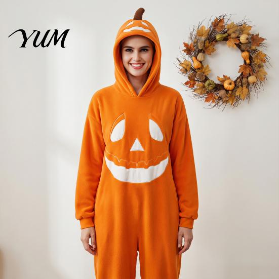 Funny Cosplay Romper Halloween Pumpkin Onesie Pajamas, Adult Jumpsuit with Happy Plush Fleece Homewear Face, Soft Hooded Costume for Party Night,