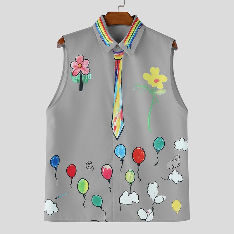 INCERUN Mens Casual Sleeveless Shirt Lapel Collar Button Down Funny Cartoon Graffiti Print Holiday Tank Tops