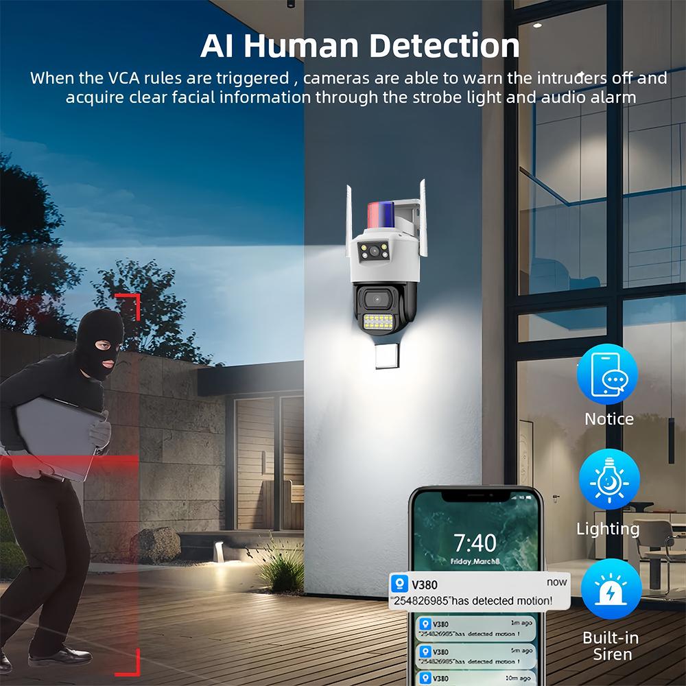 8MP 4K Wifi Dual Lens Protection Waterproof Security CCTV Video Surveillance Police Light Alarm IP Camera