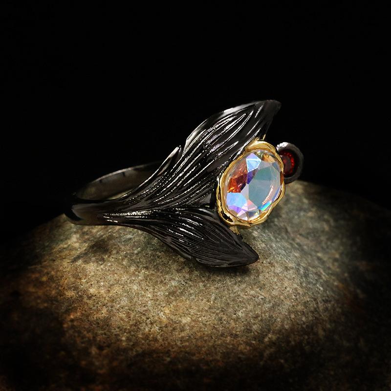 European and American Creative Inlaid with Moonstone Black Gold Branch Ring Retro Thai Silver Dyed Black Leaf Ring