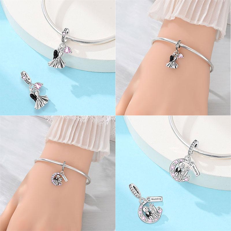 New Copper Charms Beads Pendant Love Wedding Proposal Pink Bouquet Charm For Women Bracelet Engagement Jewelry Gift