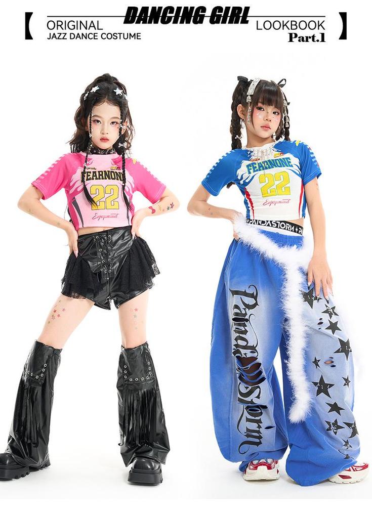 Girls' Hip Hop Dance Outfit: Short Sleeve T-shirt with Ripped Pants or Shorts Set for Performances