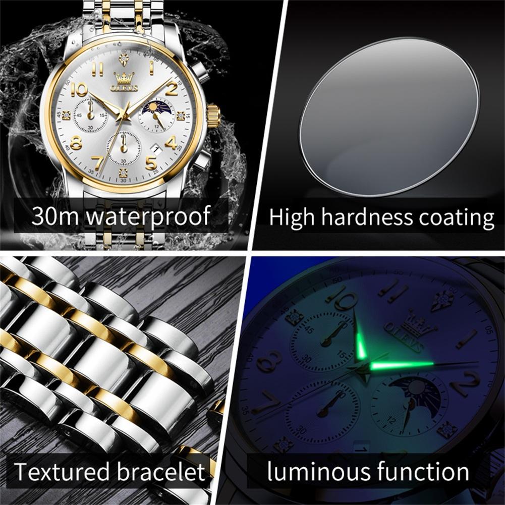 OLEVS Mens Watch Original Quartz Watch Waterproof Luminous Watch For Men Moon Phase Multifunctional Chronograph Mens Gifts