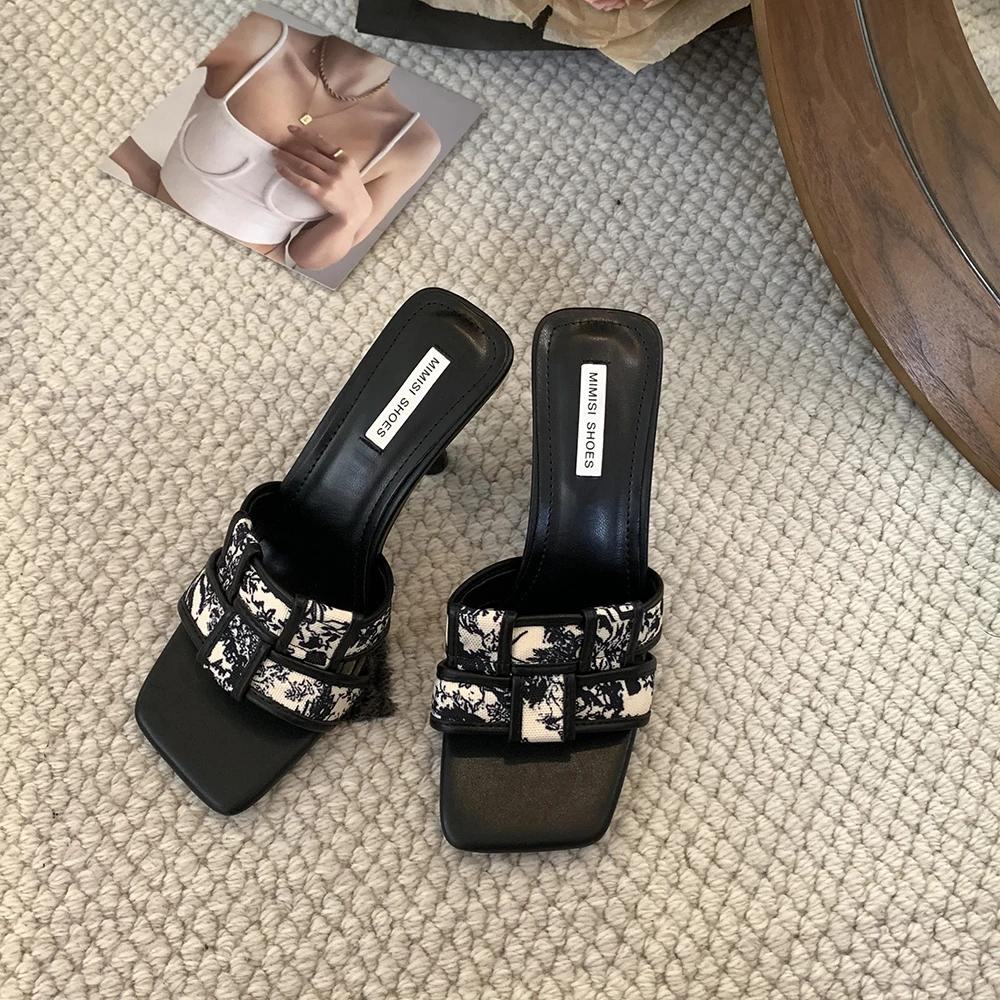 

Модные женские сандалии, тапочки, плетеный дизайн, черные, хаки, туфли-лодочки для вечеринок, тонкие, высокие каблуки, повседневные мюли 35 чёрный