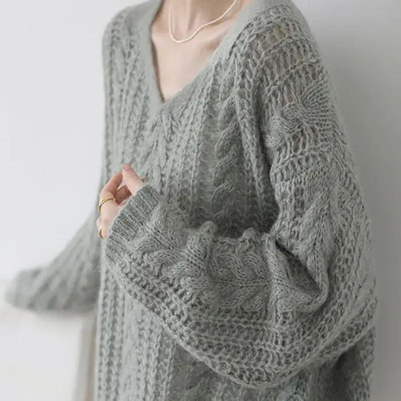 

Sweater Pullovers Tops Women Long Sleeves Autumn Oversized Hollow-out V-Neck Loose Long Sleeve Pullover Tops XXL серый