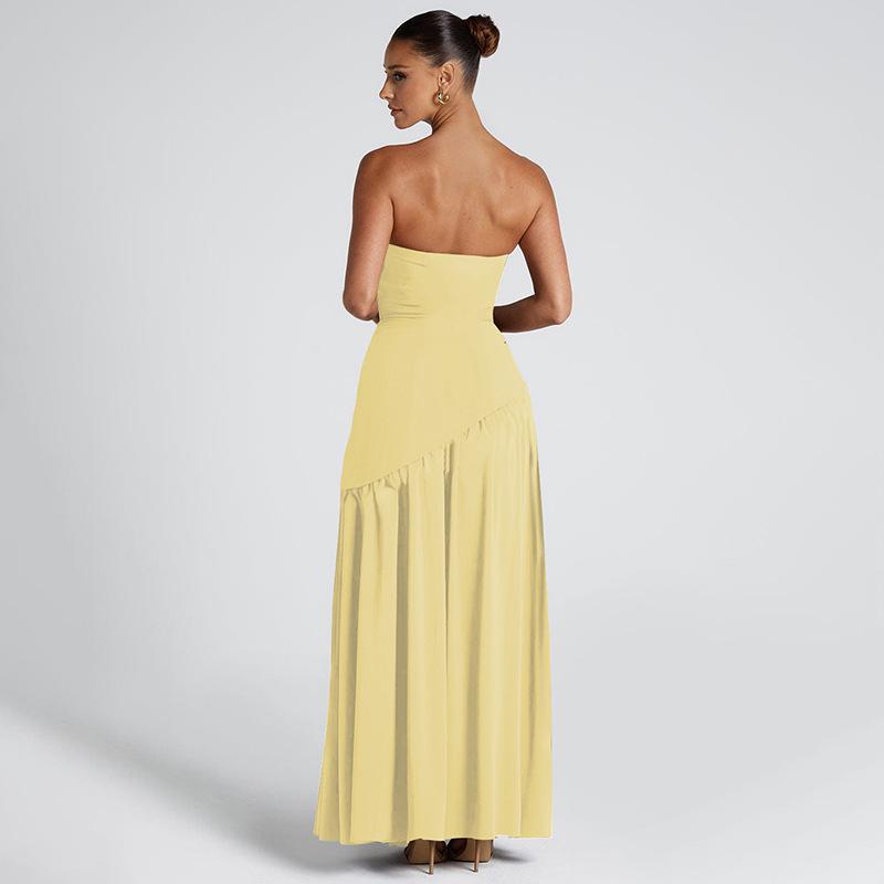 European & American Elegant Off-Shoulder Slim Fit Slit Dress with Ribbon Back