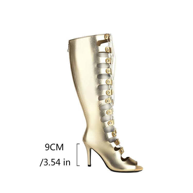 Fashion Cross Strap Rivet Belt Buckle Women's Cool Boots Summer Sexy Silvery Gold High Heel Sandals Dress Party Motorcycle Boots Size 48
