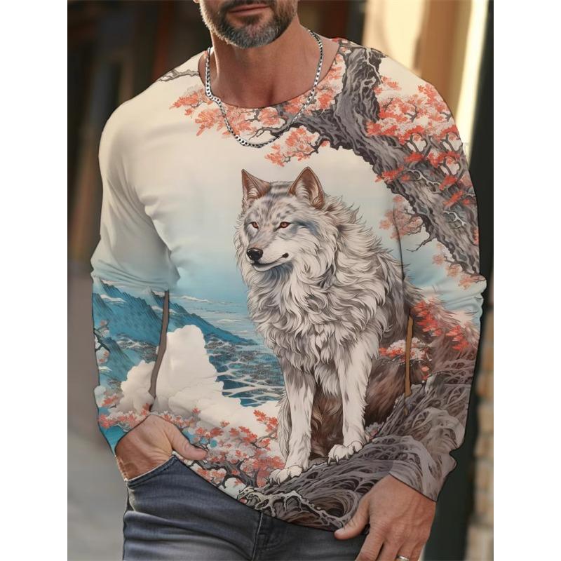Autumn and Winter Men's Wolf 3D Printed Crew Neck Long Sleeve T-Shirt