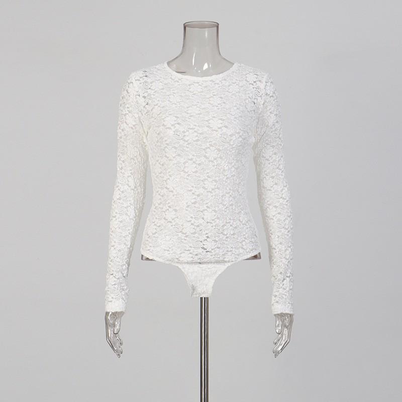 Sexy Lace-Trimmed Sheer Backless Bodysuit Women - Slim Fit Long Sleeve With Tie Detail 2026
