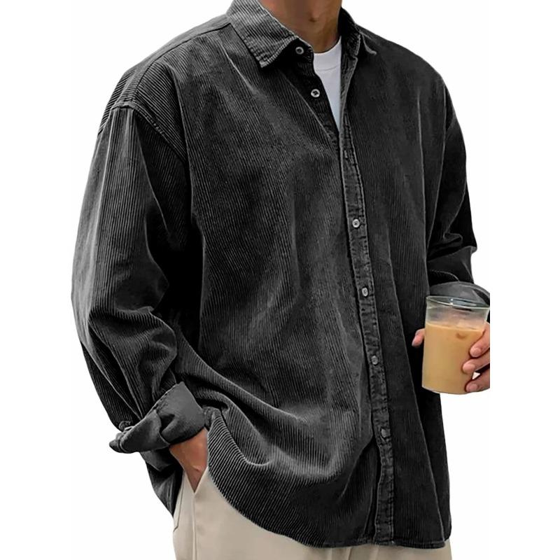 Men's Casual Loose-Fit Solid-Color Corduroy Collared Shirt