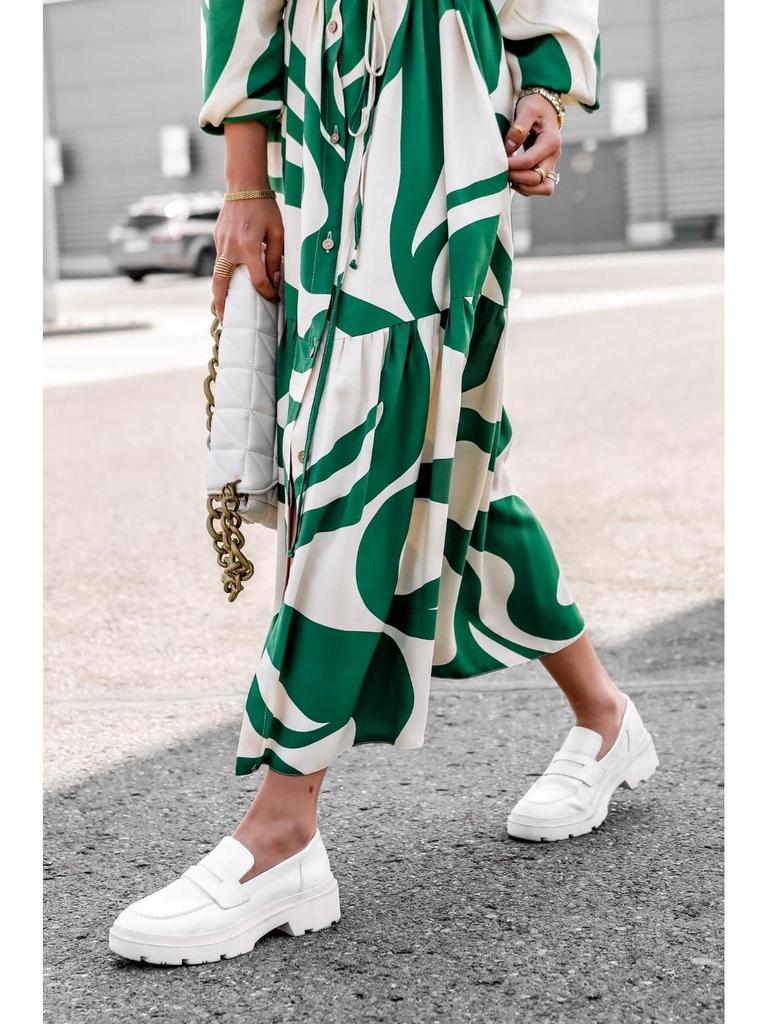 2025 European & American Spring/Autumn Fashion Print Long Shirt Dress with Tie-Up and Pockets