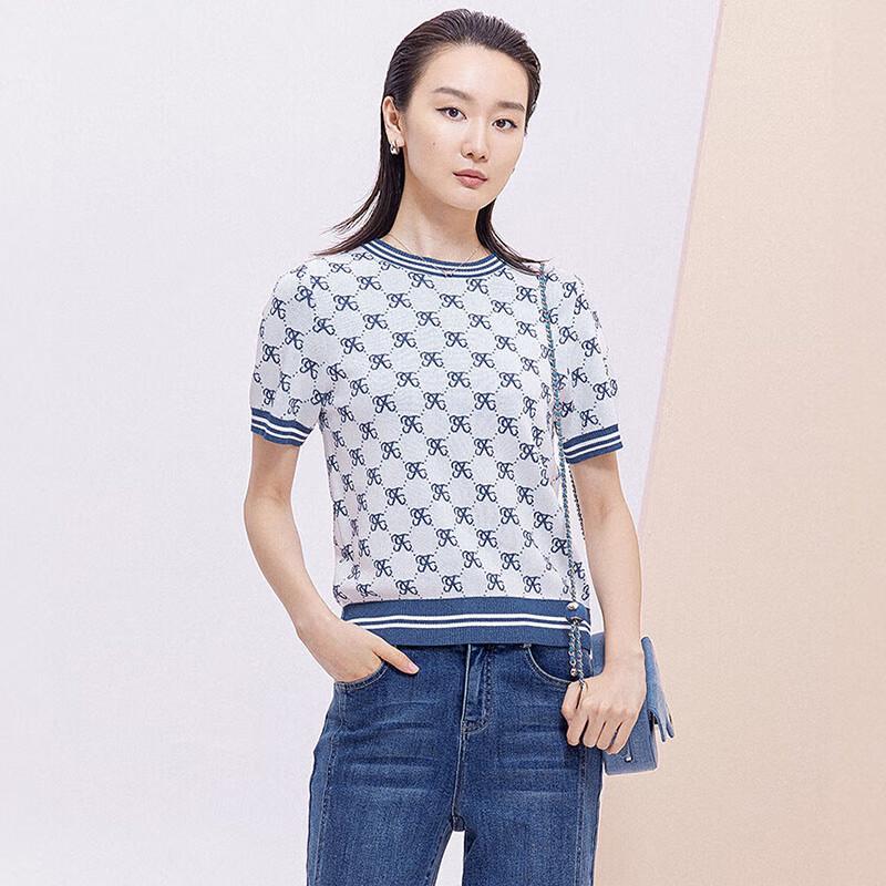 JESSIE Women's Color-block Jacquard Short Sleeve Knit Top