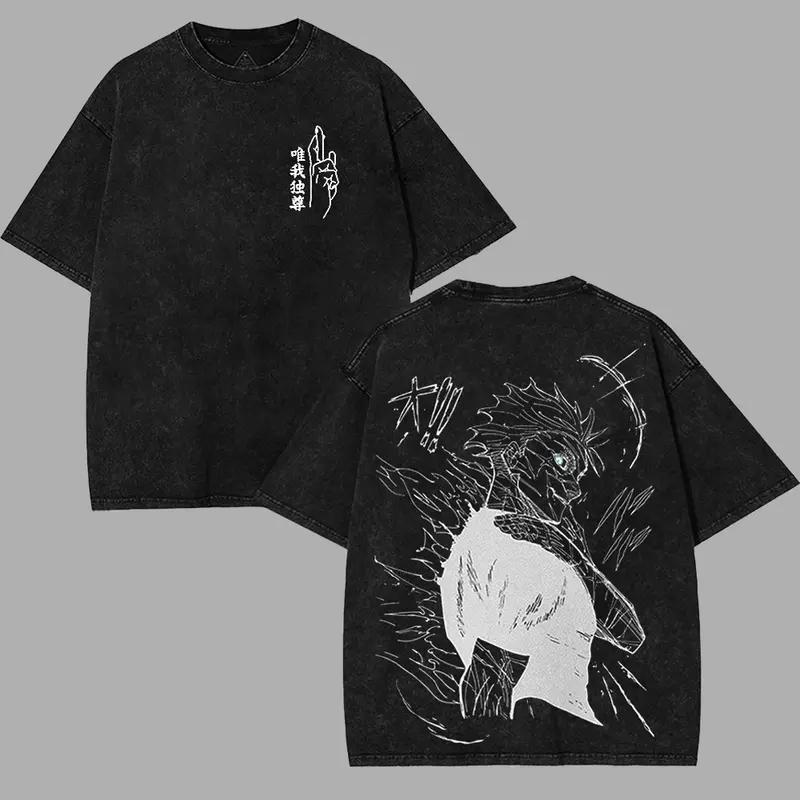 Gojo Satoru Jujutsu Kaisen Print T-shirt For Men's Clothing Anime Vintage Washed Oversized T Shirt High Quality Cotton Tees Tops