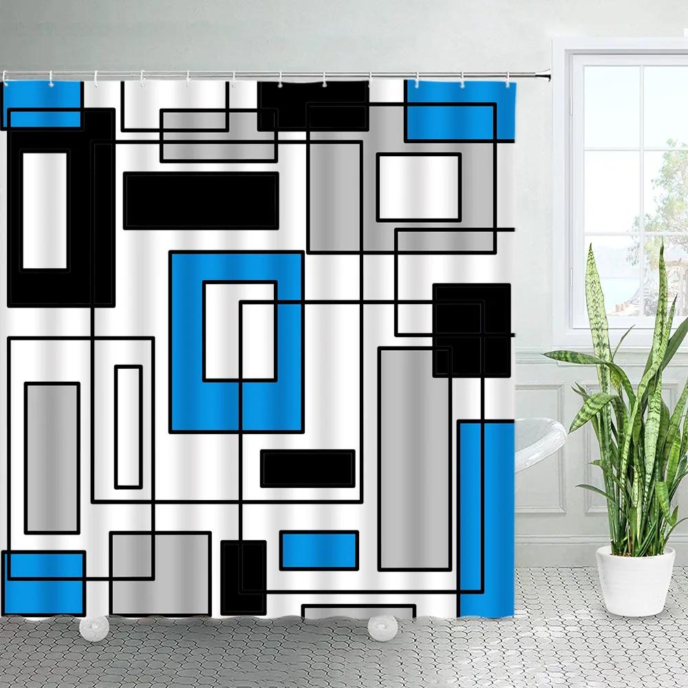 Creative Geometric Shower Curtains Red Black Grey Square Plaid Line Modern Abstract Art Printing Bathroom Decor Bath Curtain Set