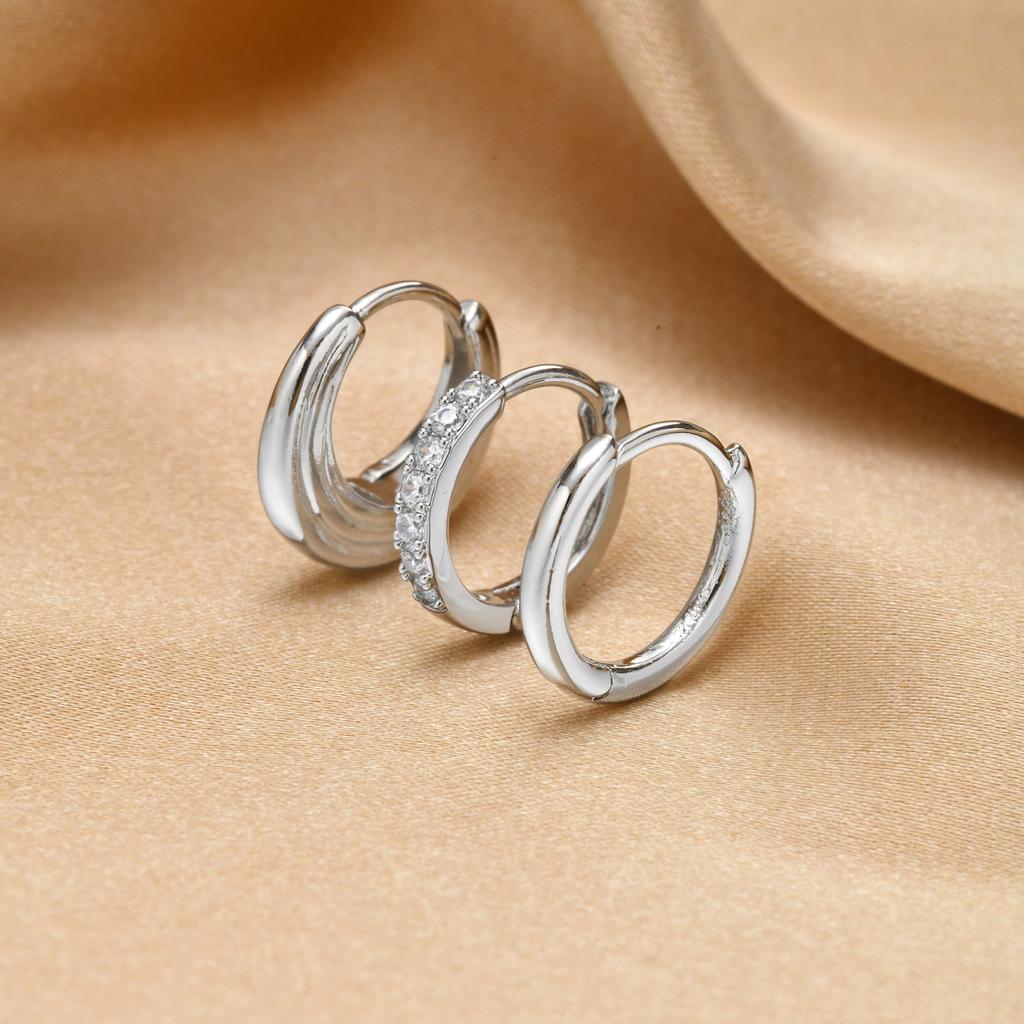 3 Pcs Gold Plated Hoop Set Earrings Zirconia Huggies Chunky Oval Stackable Women Hypoallergenic Helix Multiple Piercings