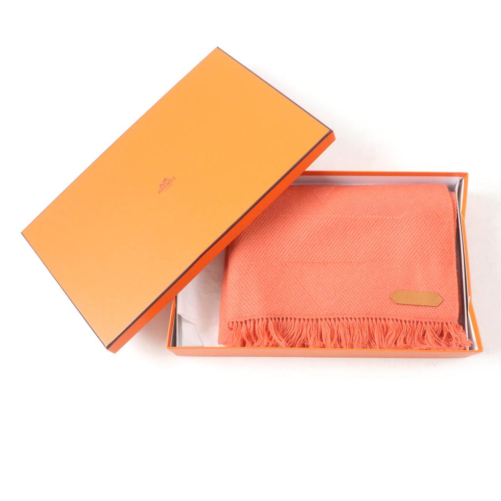 Pristine HERMES Scarf Grand Chevron Leather Logo Patch and Fringe Scarf Cashmere Used