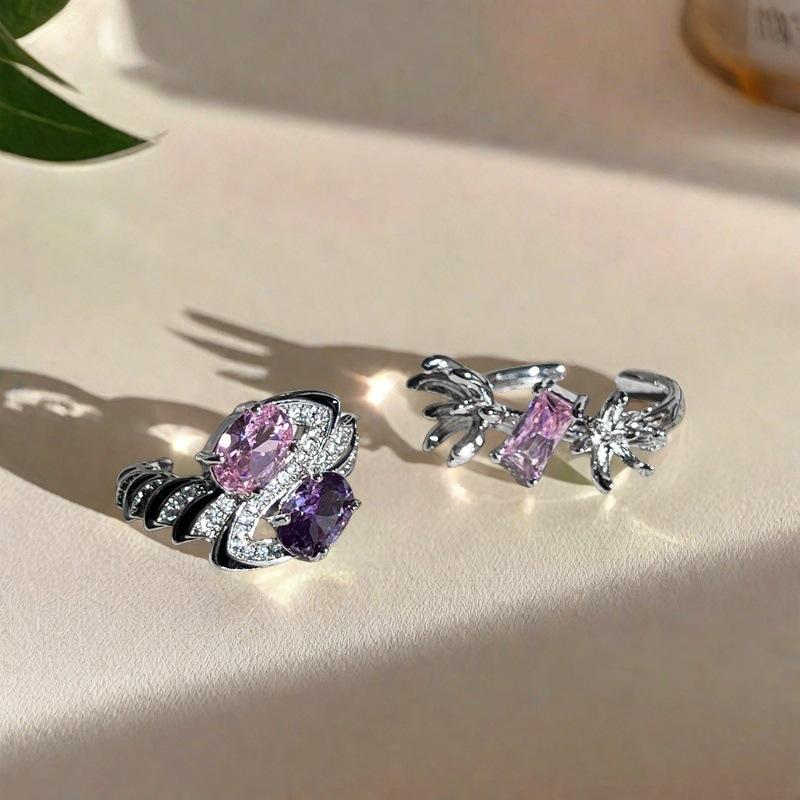 Heavy Industry Flower Sweet Cool Pink Purple Diamond Twin Stone Explosive High Sense Opening Ring Women'S Light Luxury Color Treasure Ring