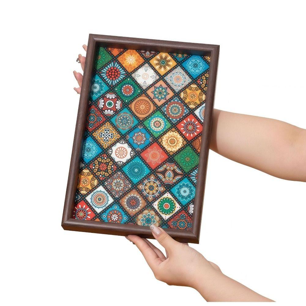 Bohemian Style Wooden Tray 30x20cm Handmade Snack Tray Square Jewelry Storage Tray for Desktop Foyer Decoration Home Storage
