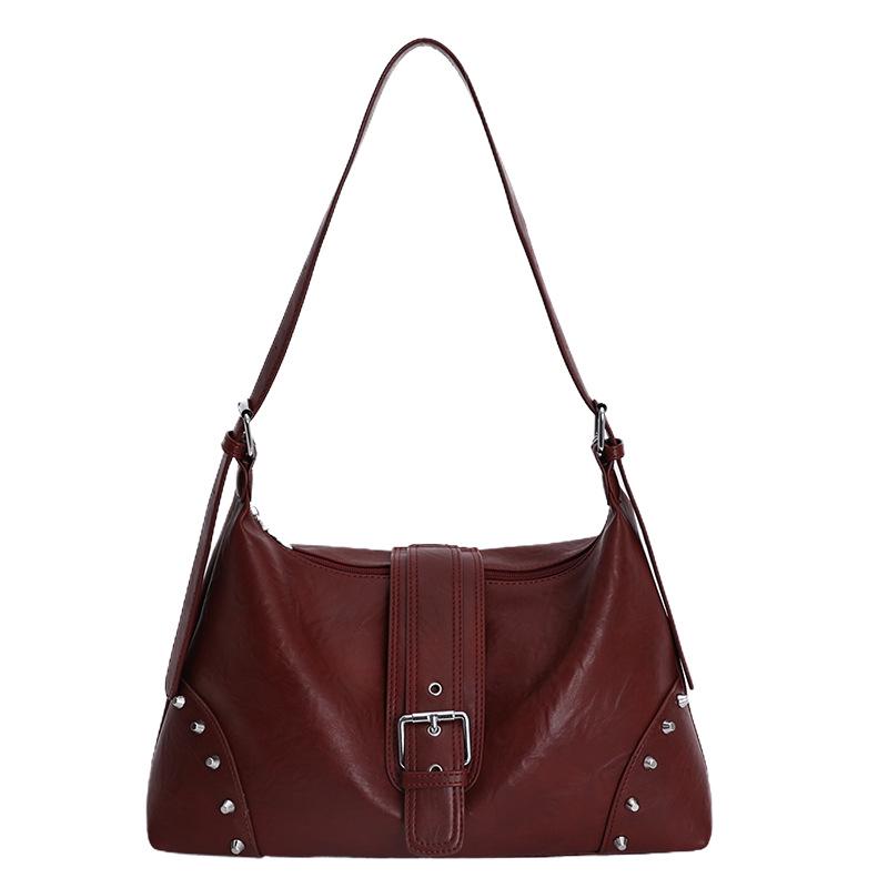 Women's Cross-Border Retro Motorcycle Bag with Rivet Decor & Belt Buckle - Stylish Single Shoulder Underarm Handbag