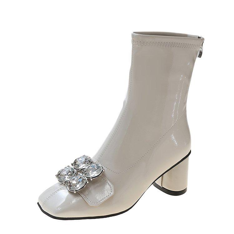 Square Head Short Boots Female Internet Celebrity Rhinestone Thick Heel High Heels Patent Leather Thin Versatile Small Tube Elastic Boots
