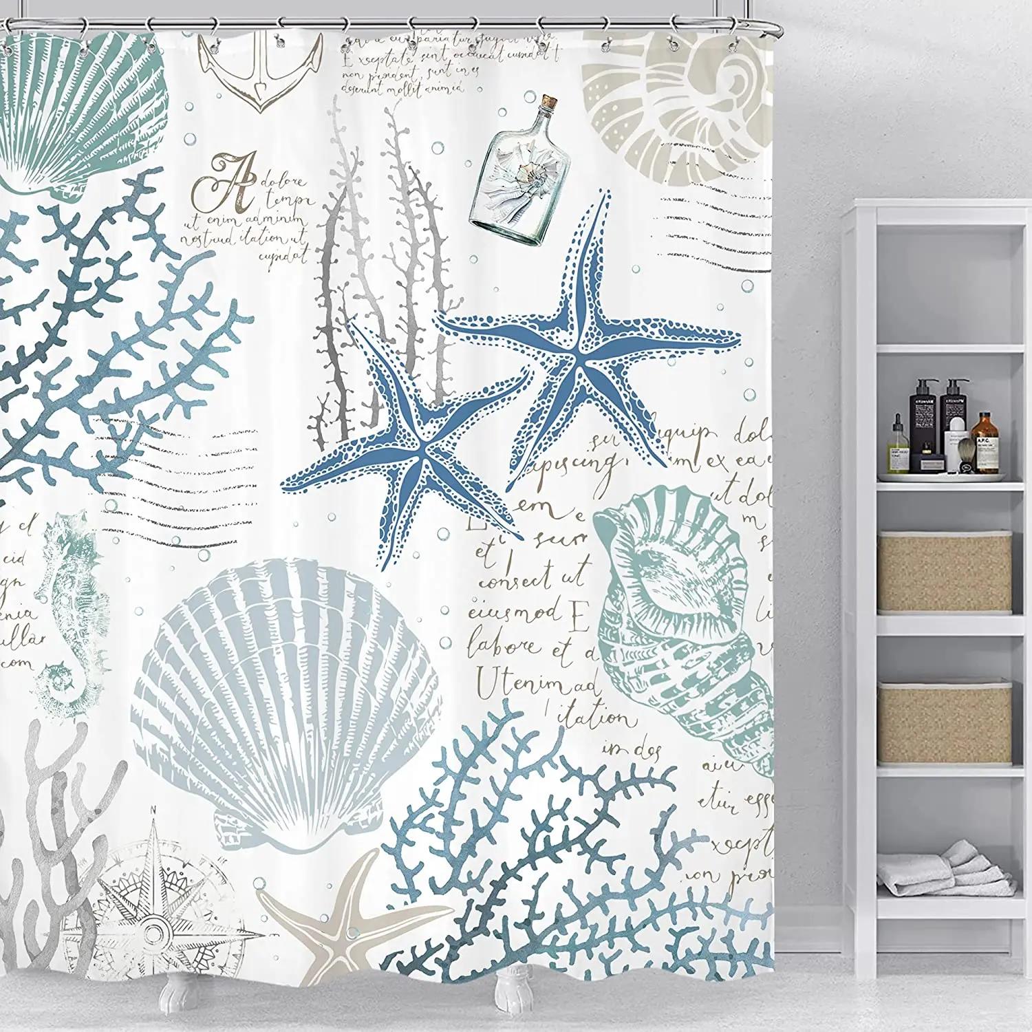 

Nautical Coastal Shower Curtains Starfish Seashell Coral Reef Tropical Ocean Beach Marine Life Fabric Bathroom Decor With Hooks W60H190(CM)-1 Pcs