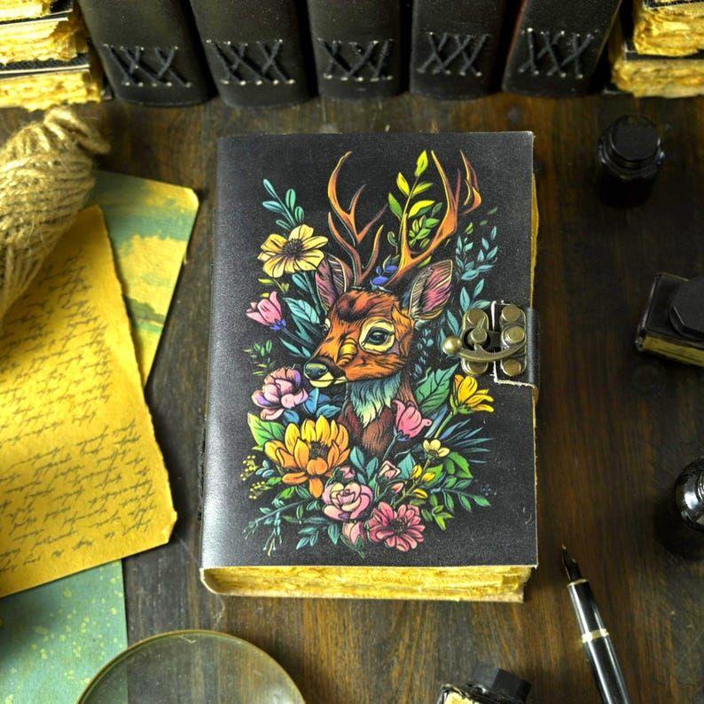 

Vintage Leather Journal: Deer Print, Deckle Edge Paper, Book of Shadows 7 x 5 in