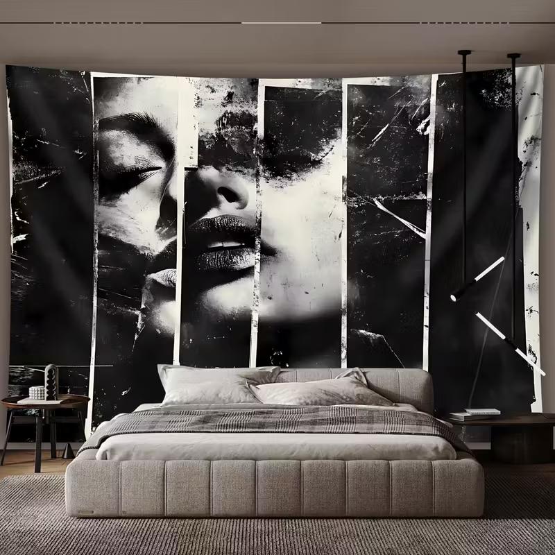 2D Dark Grunge Art Tapestry Black and White Woman Face Wall Hanging