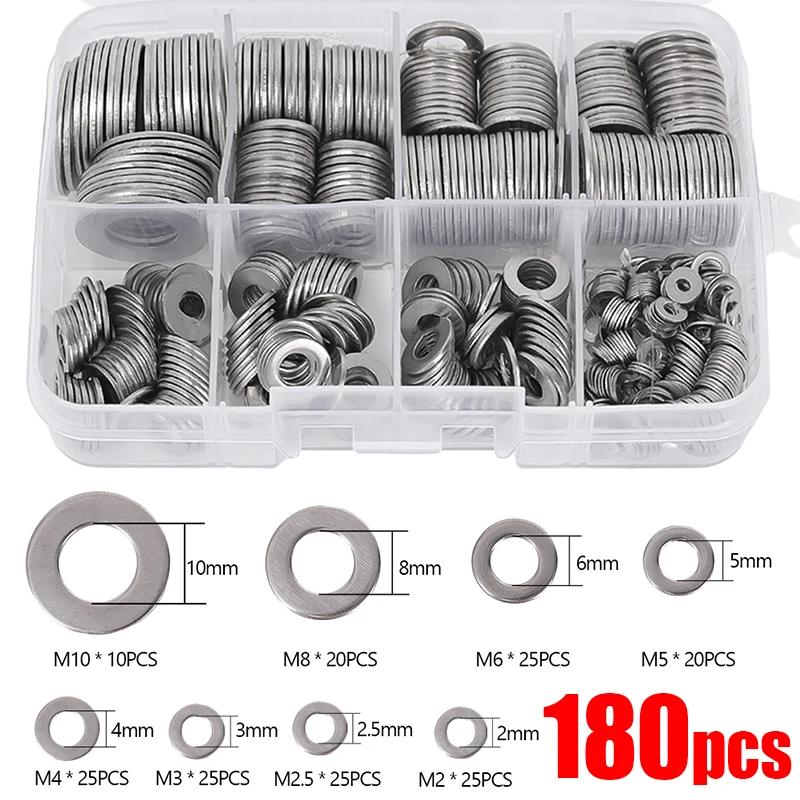 180/360PCS Stainless Steel Washer M2 M2.5 M3 M4 M5 M6 M8 M10 Metal Flat Washers Rings Plain Gaskets for Screw Assortment Kits