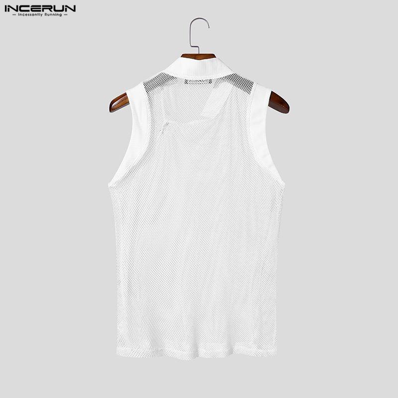INCERUN Men Cutout Neck Sleeveless Mesh See Through Stitching Tank Tops