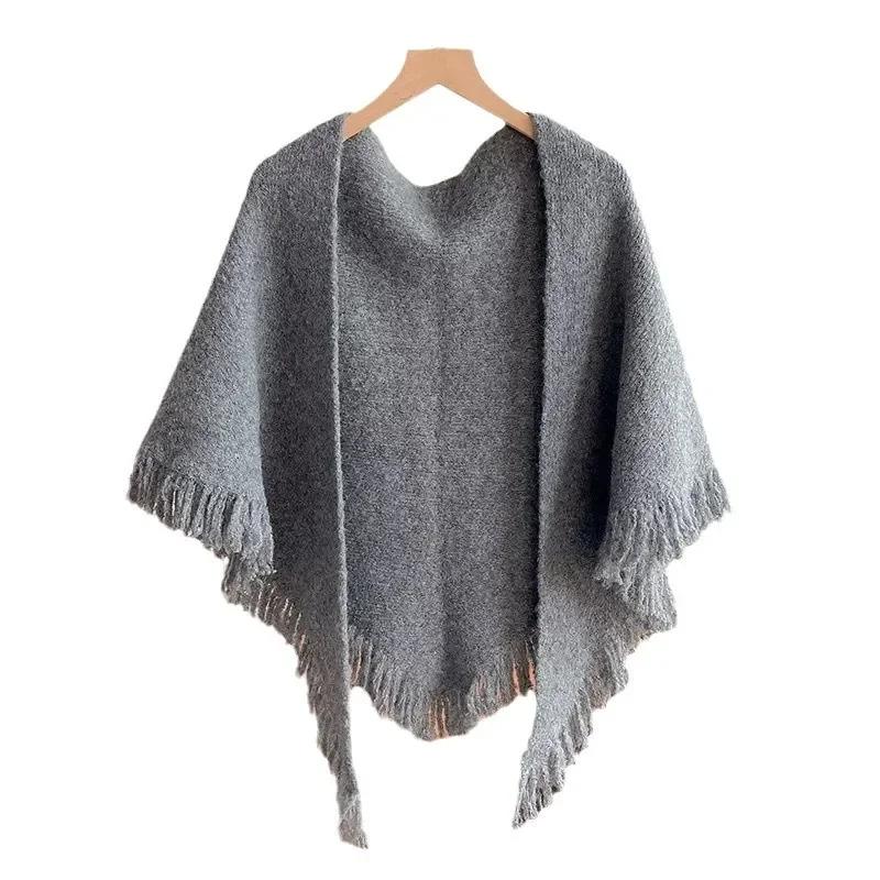 Elegant Versatile Warm Wool-Blend Fringed Triangle Scarf Korean Style Ins Motorcycle Helmet Style Neck Warmer Accessory