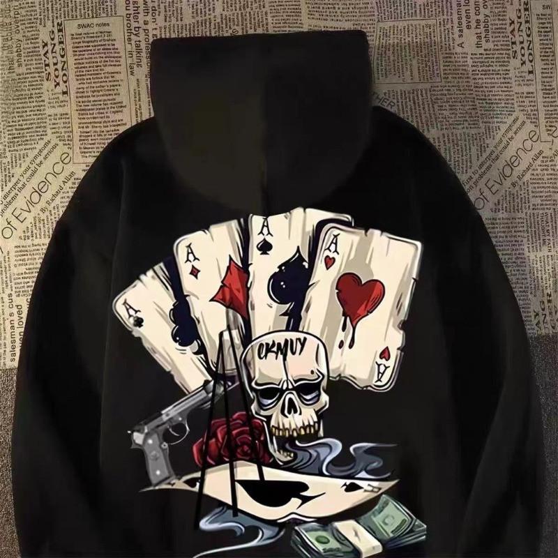 Autumn Men Pullover Hoodie Oversized Sweatshirt Fashion Loose Skeleton Poker Print Long Sleeve Couple Clothes
