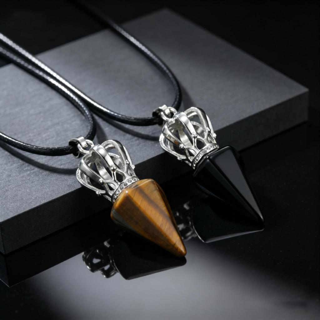 Modischer Zapfen Natürlicher Stein Anhänger Achat Tigerauge Stein Edelstahl Krone Verstellbares Seil Halskette Stilvoller Schmuck für Männer