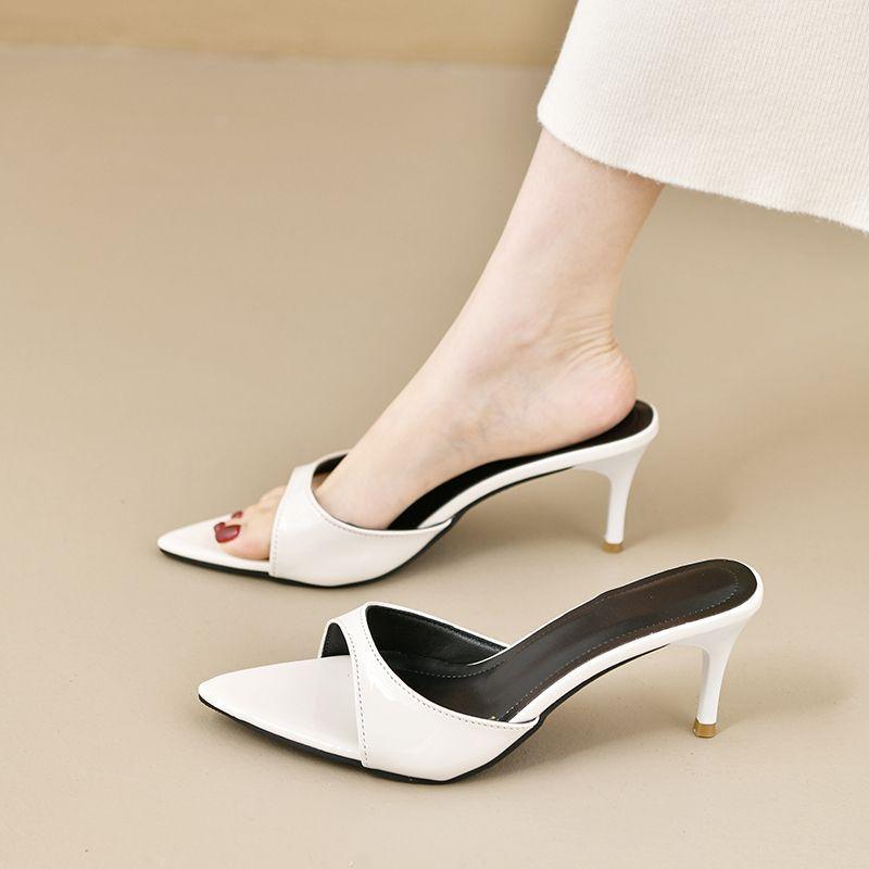 Patent leather high-heeled thin-heeled women's slippers 2025 summer new fashion versatile dopamine pointed cool slippers women