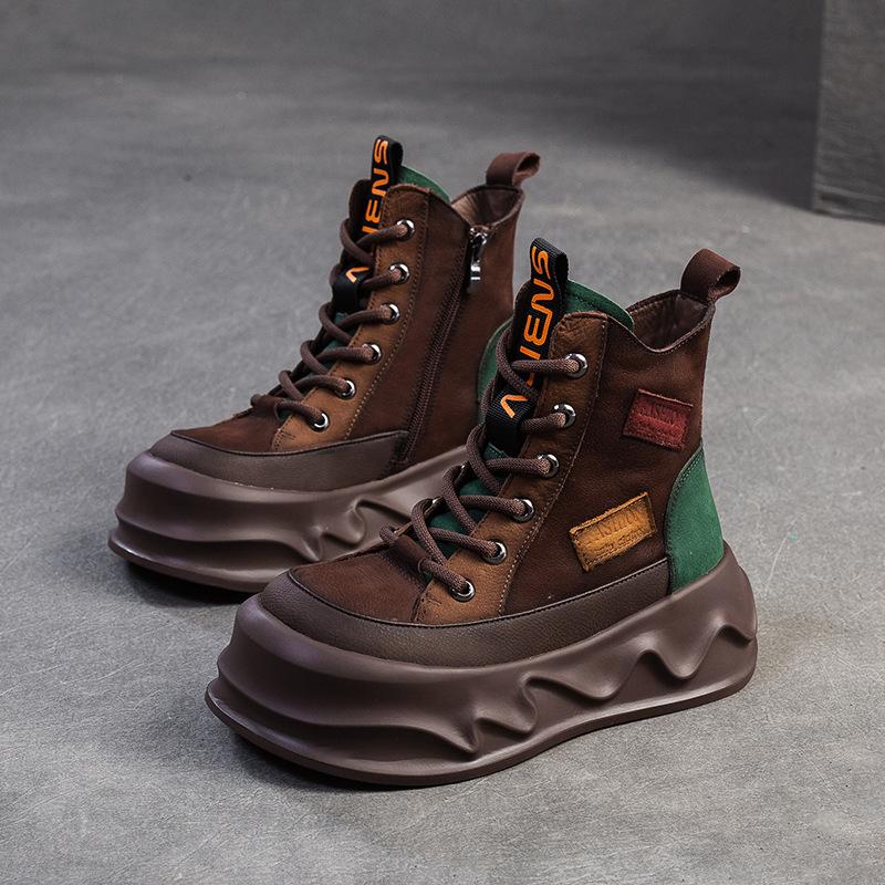 Fashion GKTINOO Women Motorcycle Boots Genuine Leather 2025 New Zip Round Toe Women Shoes Sewing Handmade Retro Ankle Platform Boots