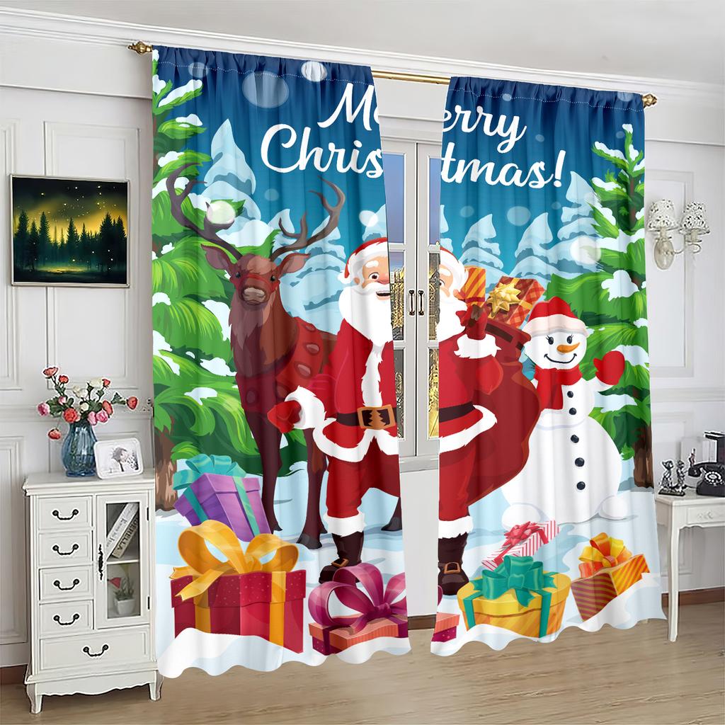 2pcs- Elk Christmas Decorative Printed Curtains - Polyester Material - Suitable for Bedroom, Living Room, Study