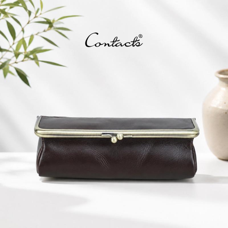CONTACTS Federmäppchen aus Vollnarbenleder mit Kussverschluss Stifteetui Vintage Sonnenbrillenhalter Brillenetui Kleine Kosmetiktasche Reise-Organizer-Tasche
