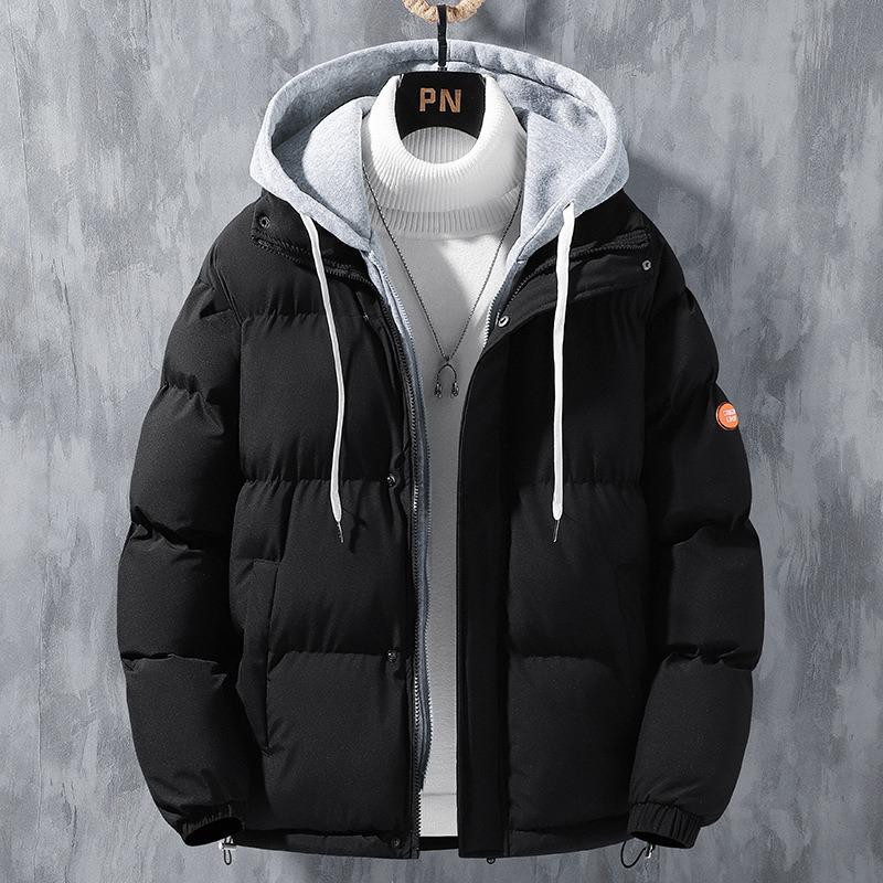 Fake two-piece cotton-padded coat for men's winter new thickened hooded couple velvet cotton-padded jacket trendy bread jacket for men