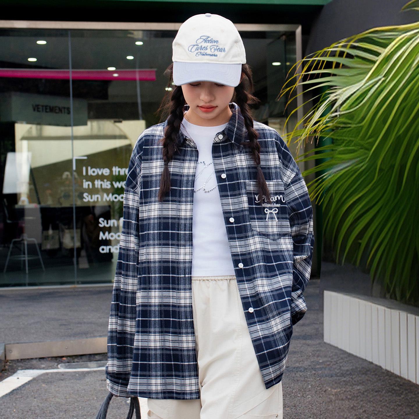 Girls  Retro Plaid Long Sleeve Shirt for Teens - Spring/Autumn Loose Fit S