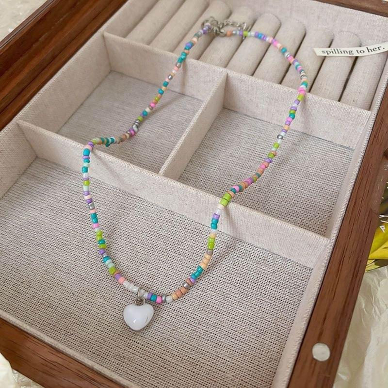 Bohemian Beaded Necklace Summer Rice Bead Love- Necklace Hawaii Beach Necklace Jewelry Suitable for Ladies and Girls