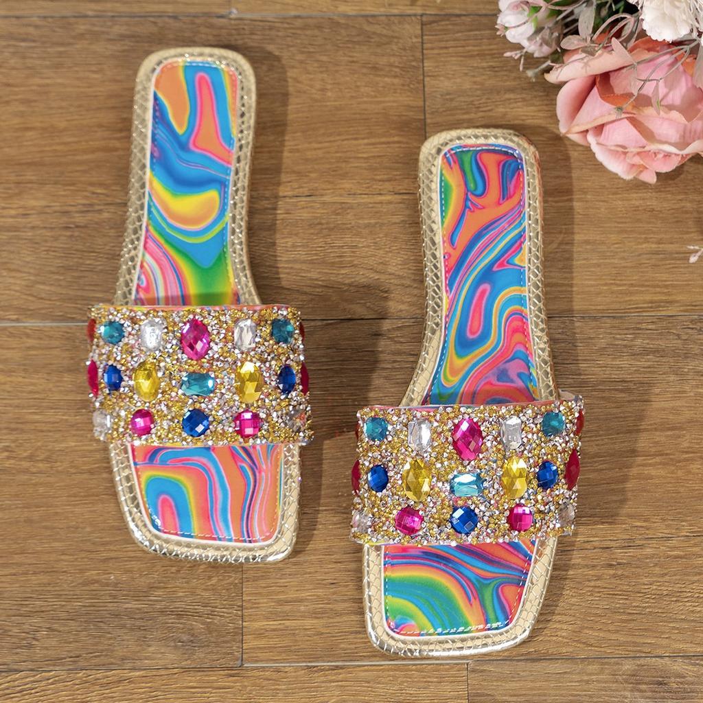 Large Colorful Rhinestone One-word Flat Slippers 2024 Spring New Soft Outdoor Beach Casual Women's Shoes