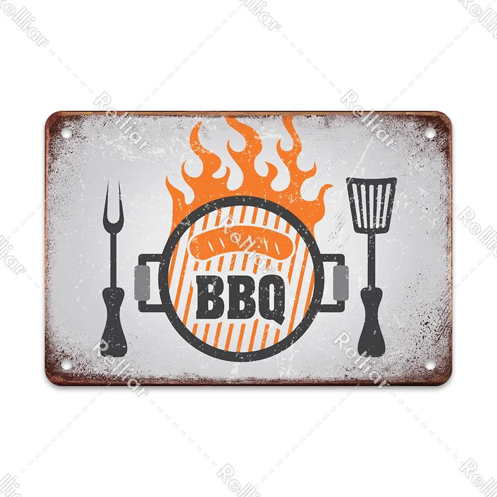 BBQ Party Metal Tin Plaque Retro Yard Garden Wall Decoration Signs Marked Barbecue Rules Slogan Plate Vintage Grill Poster