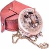 Brass Sundial Compass with Leather Case and Chain - Push Open Mechanism Vintage Steampunk Accessory - Antiquated Finish Pocket Compass