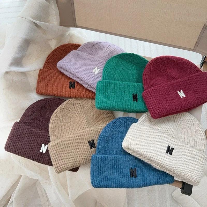 Korean Children's Autumn Winter New N-letter Knitted Hats for Boys Girls Simple Versatile Baby Foreign-style Wool Pullover Hat