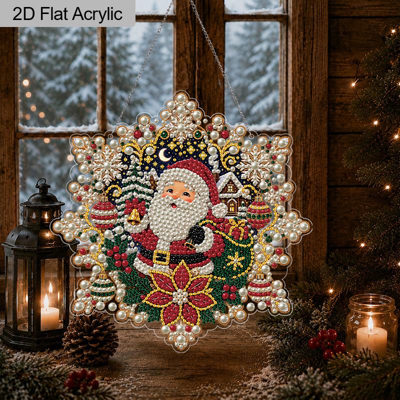 Christmas Acrylic Pearl Ornament Kit, DIY Suncatchers, 3D Mixed Pearls,7.87/9.72Inch Snowflake Santa, Xmas Decor & Gifts