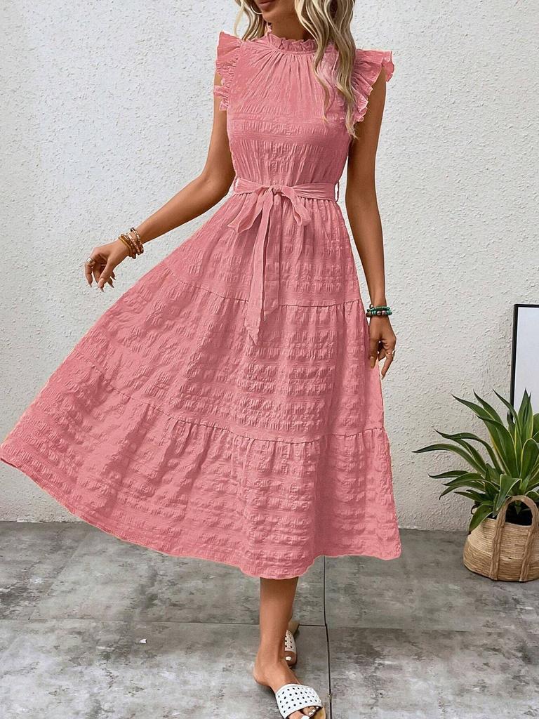 Women's summer new fashion fungus edge flying sleeves lace-up textured dress